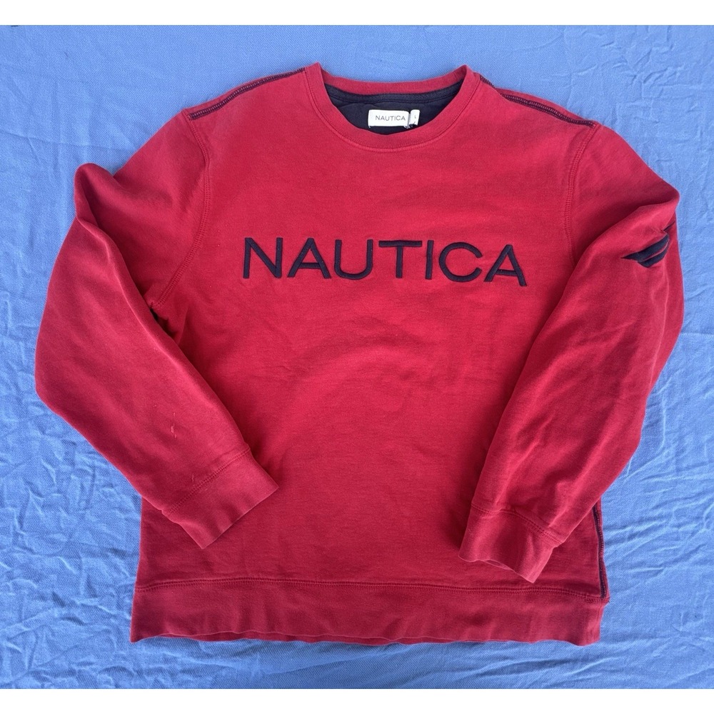 Nautica Spellout Crewneck Sweatshirt Red Logo Pullover Men's Large L